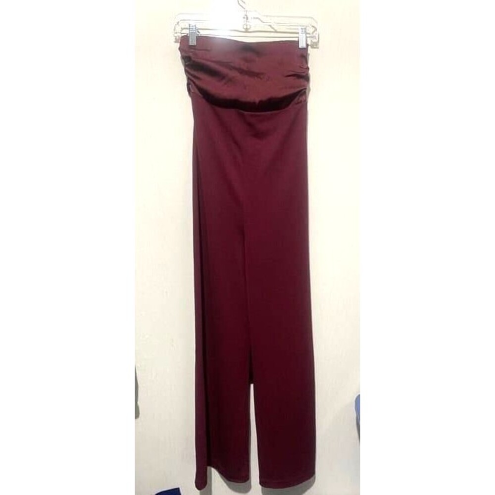 Express Strapless Wide Leg Jumpsuit Satin Ruched Bodice Wine Color Size Small
